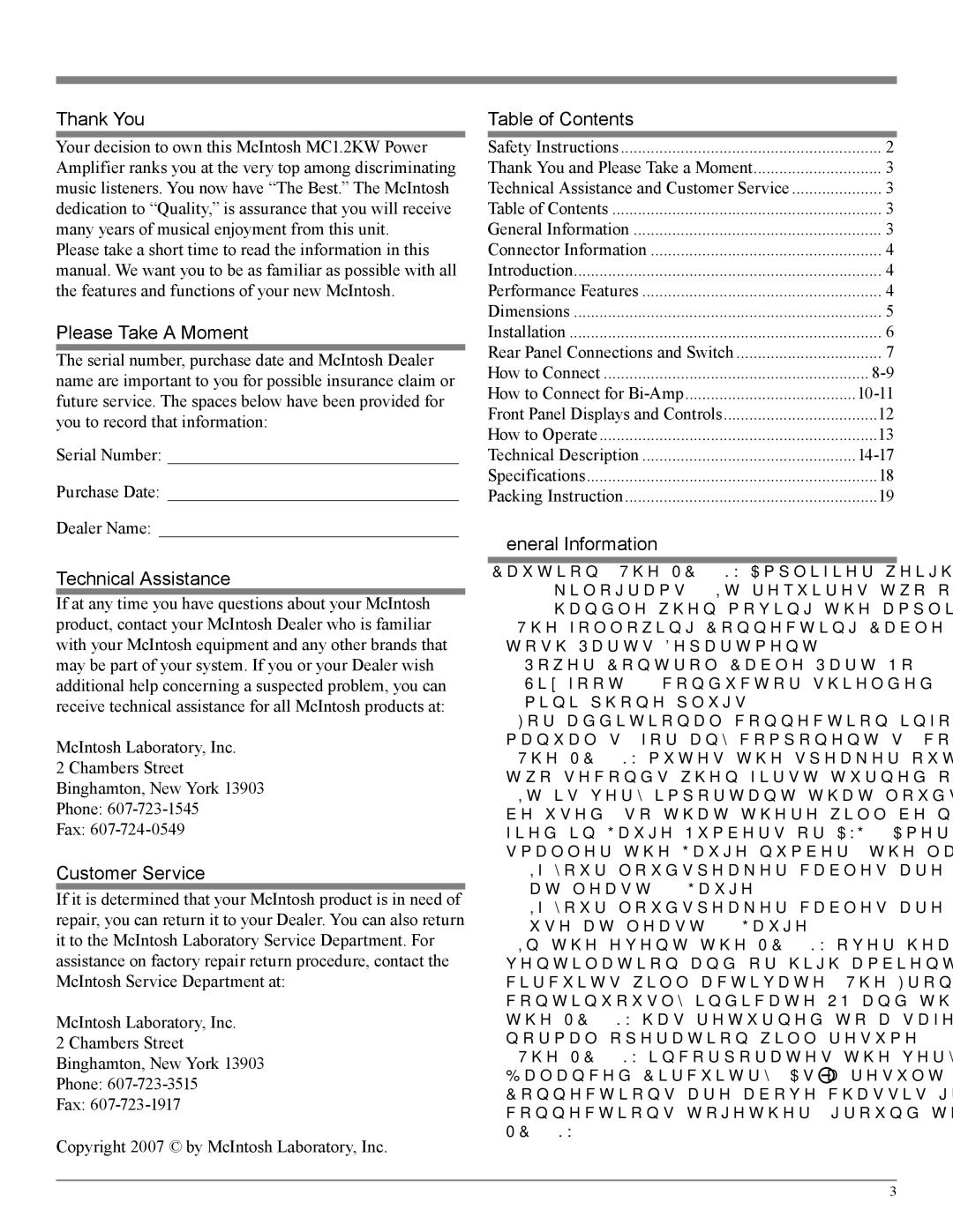 McIntosh MC1.2KW owner manual Thank You, Please Take a Moment, Technical Assistance, Customer Service, Table of Contents 