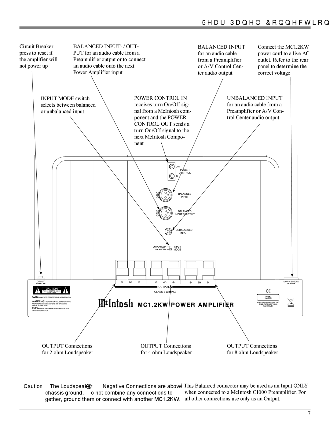 McIntosh MC1.2KW owner manual Rear Panel Connections and Switch 