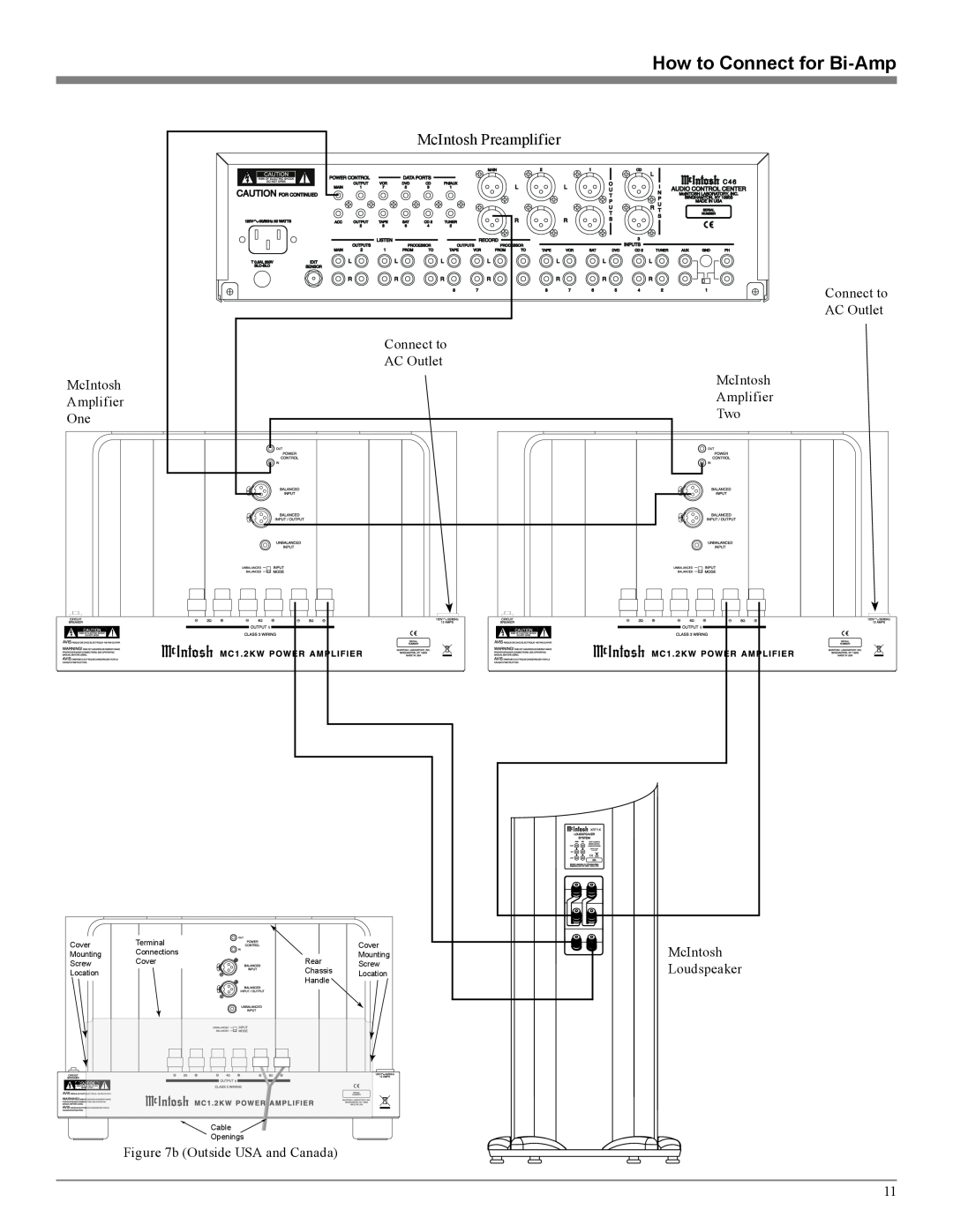 McIntosh MC1.2KW owner manual How to Connect for Bi-Amp, McIntosh Amplifier One, Connect to AC Outlet Connect to AC Outlet 