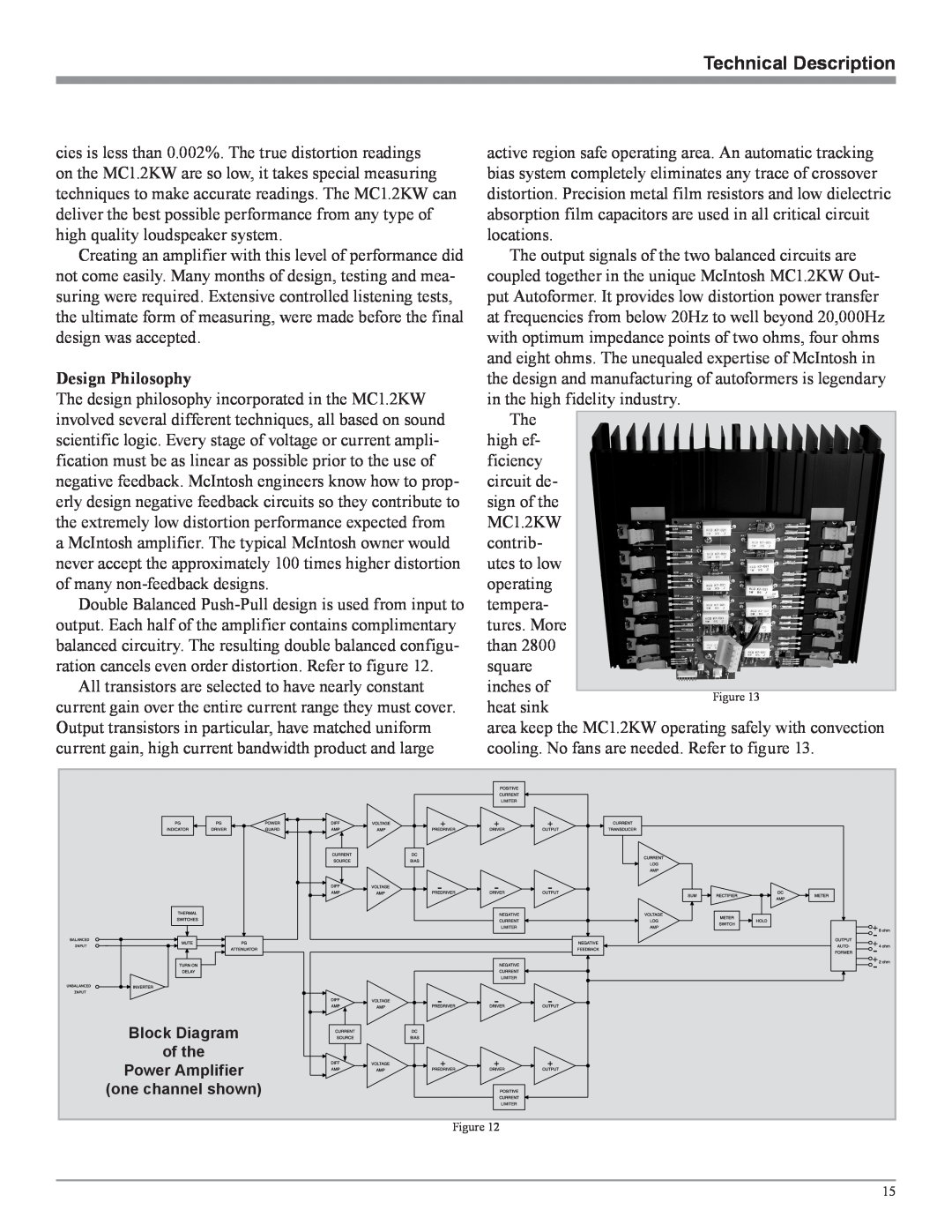 McIntosh MC1.2KW Technical Description, Design Philosophy, Block Diagram of the Power Amplifier, one channel shown 