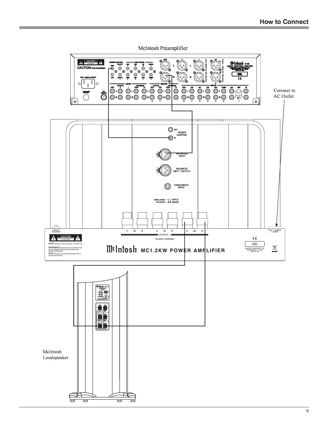 McIntosh MC1.2KW owner manual How to Connect, McIntosh Preamplifier, Connect to AC Outlet McIntosh Loudspeaker 