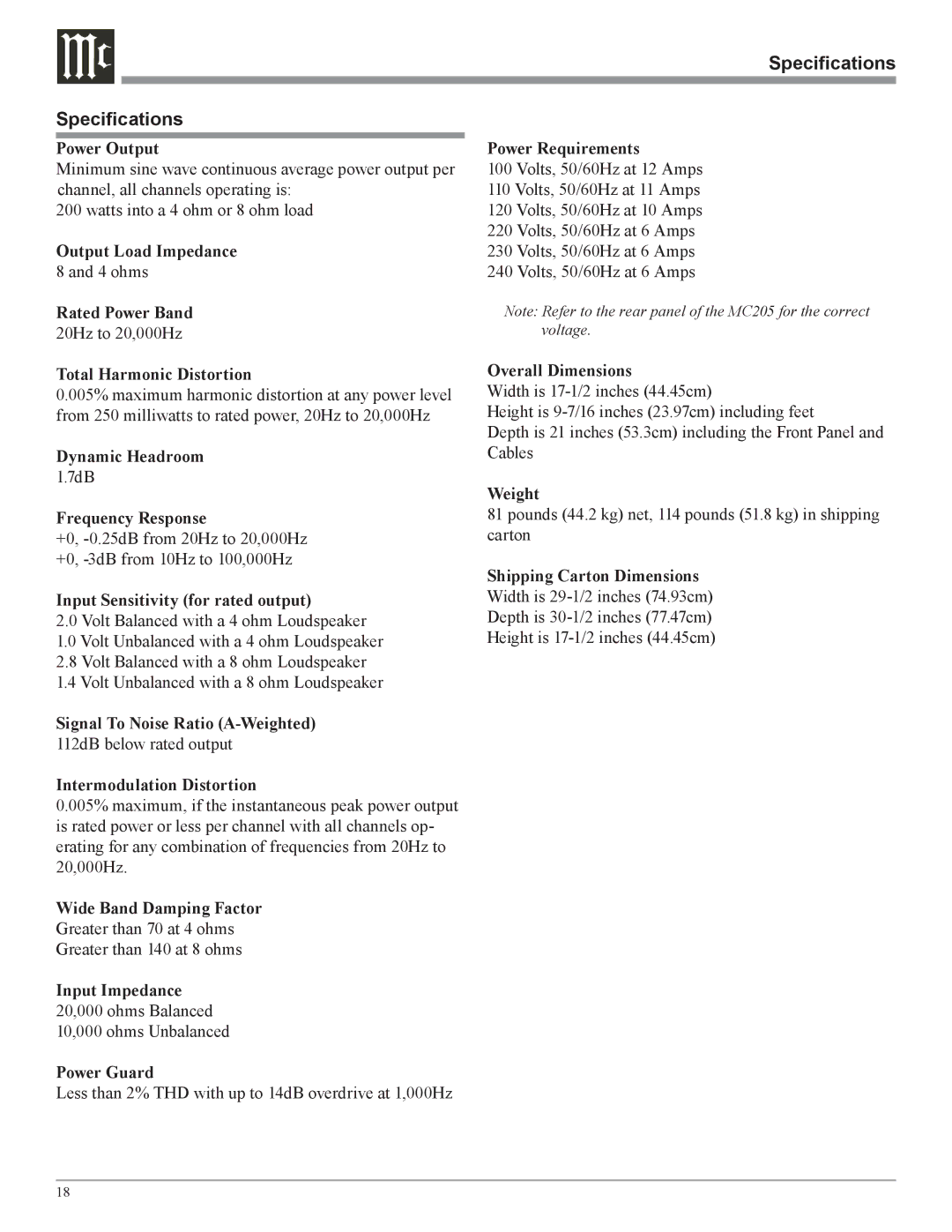 McIntosh MC205 owner manual Specifications 