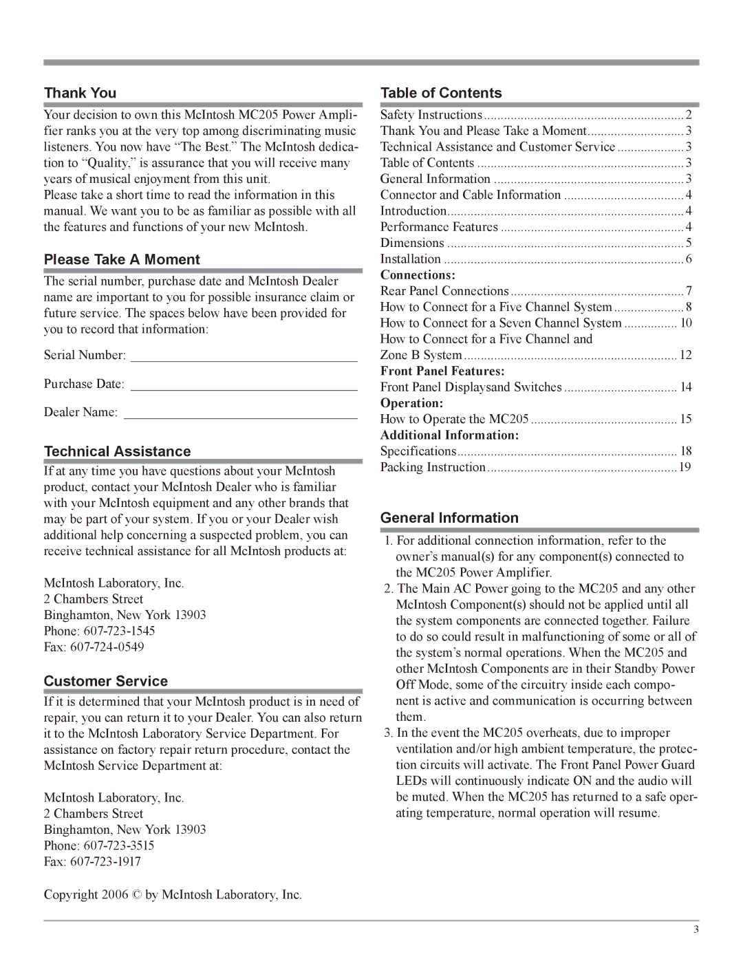 McIntosh MC205 owner manual Thank You, Please Take a Moment, Technical Assistance, Customer Service, Table of Contents 