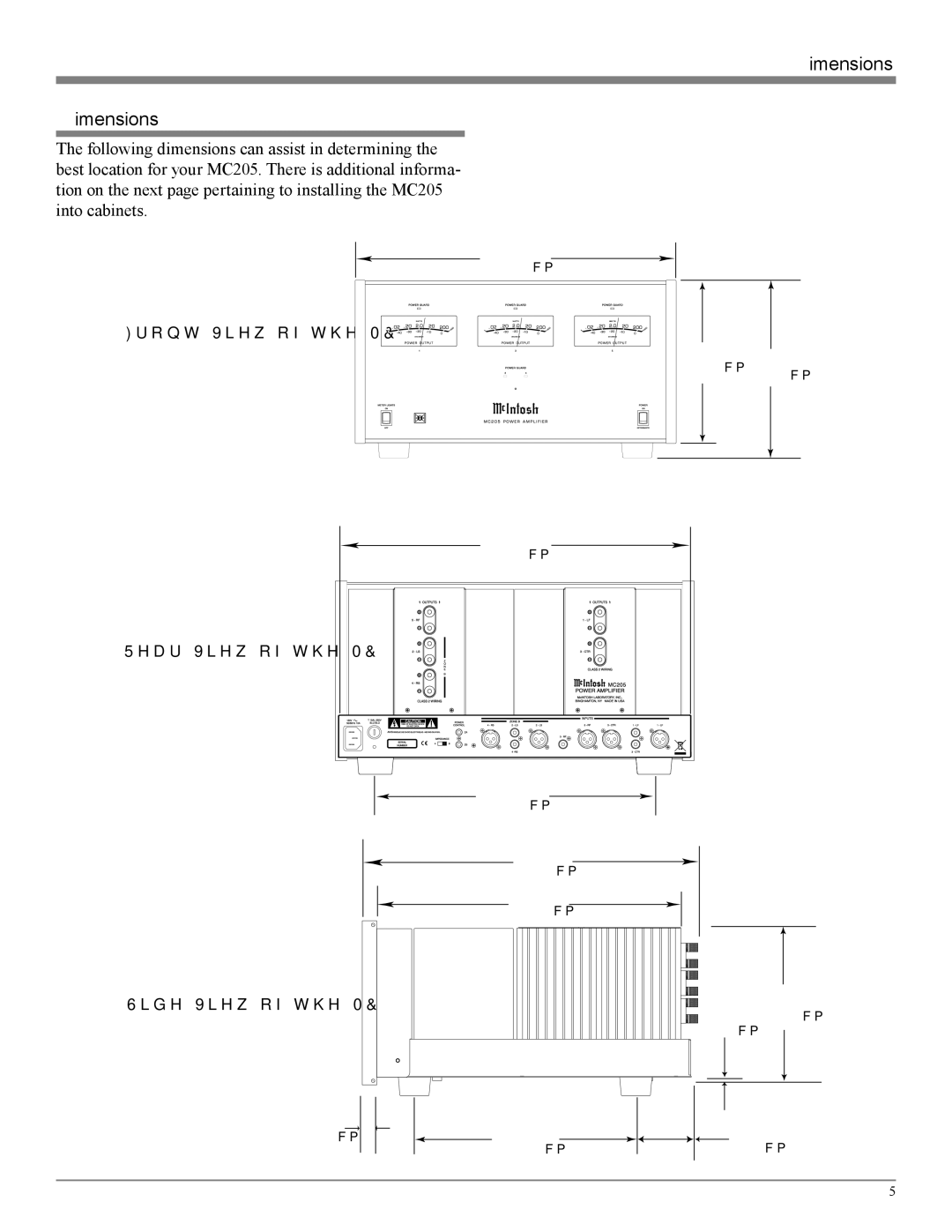 McIntosh owner manual Dimensions, Front View of the MC205 Rear View of the MC205 