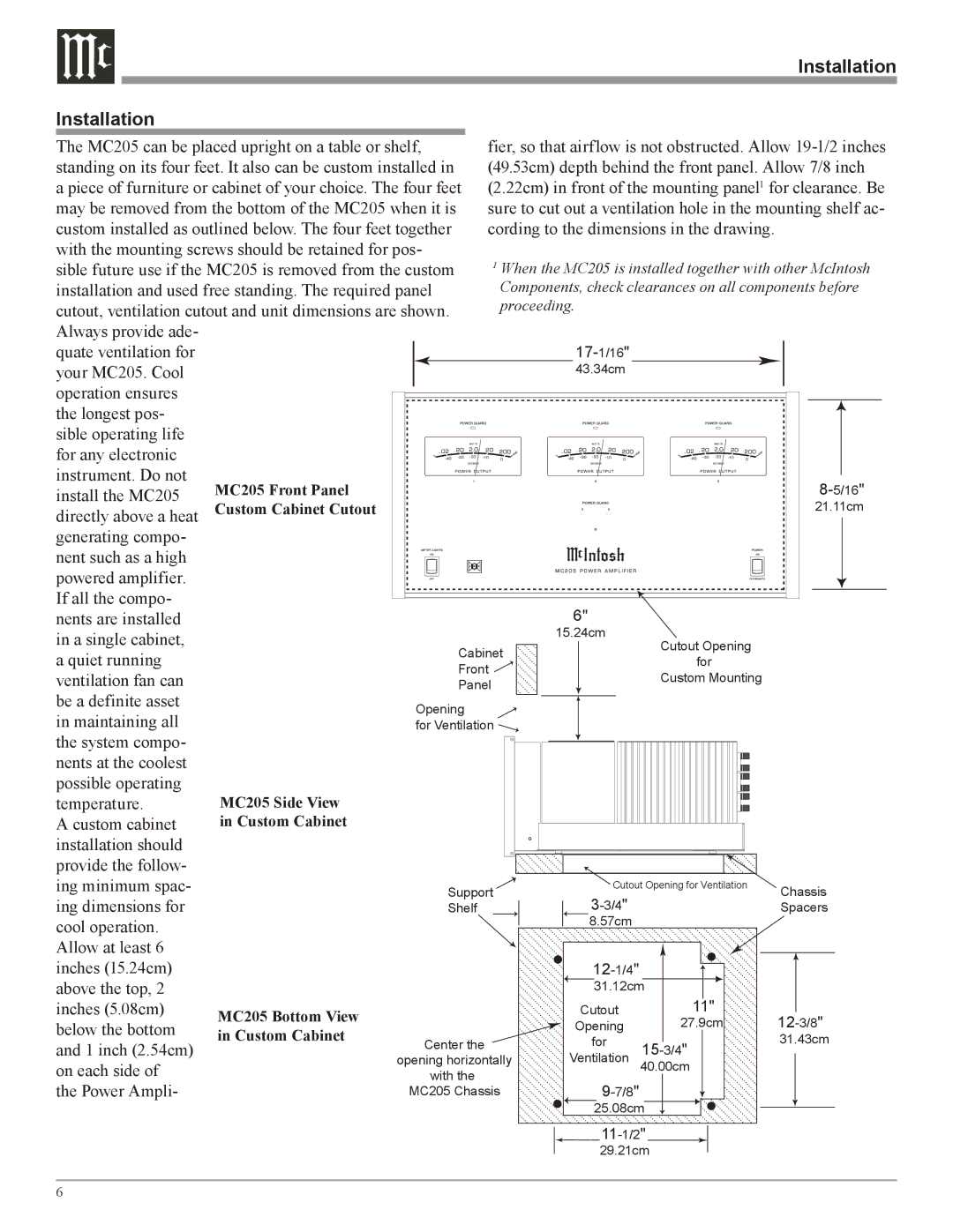 McIntosh MC205 owner manual Installation 