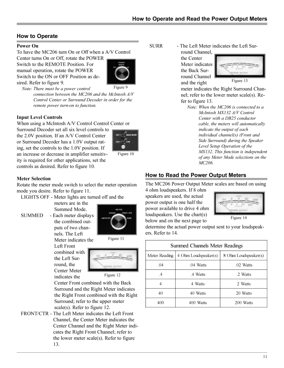 McIntosh MC206 manual How to Operate and Read the Power Output Meters, How to Read the Power Output Meters, Power On 