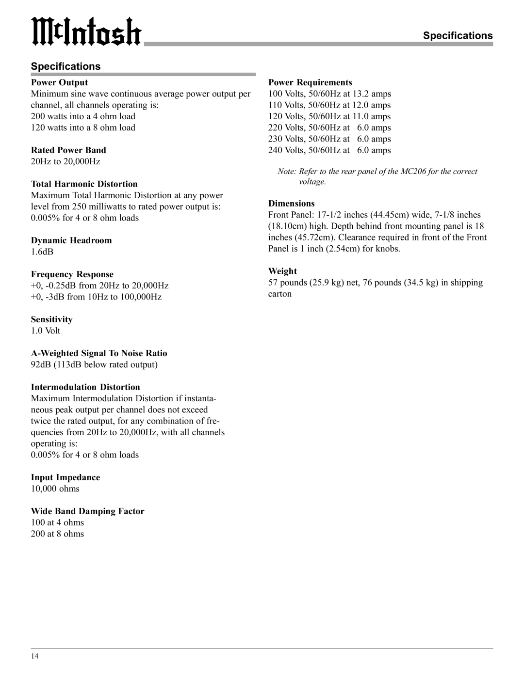 McIntosh MC206 manual Specifications 