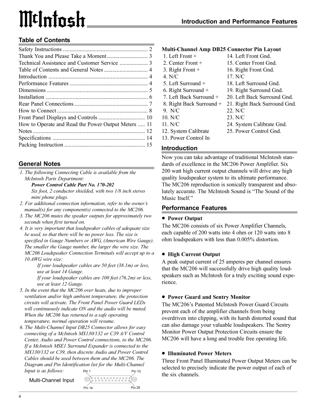 McIntosh MC206 manual Introduction and Performance Features Table of Contents, General Notes 