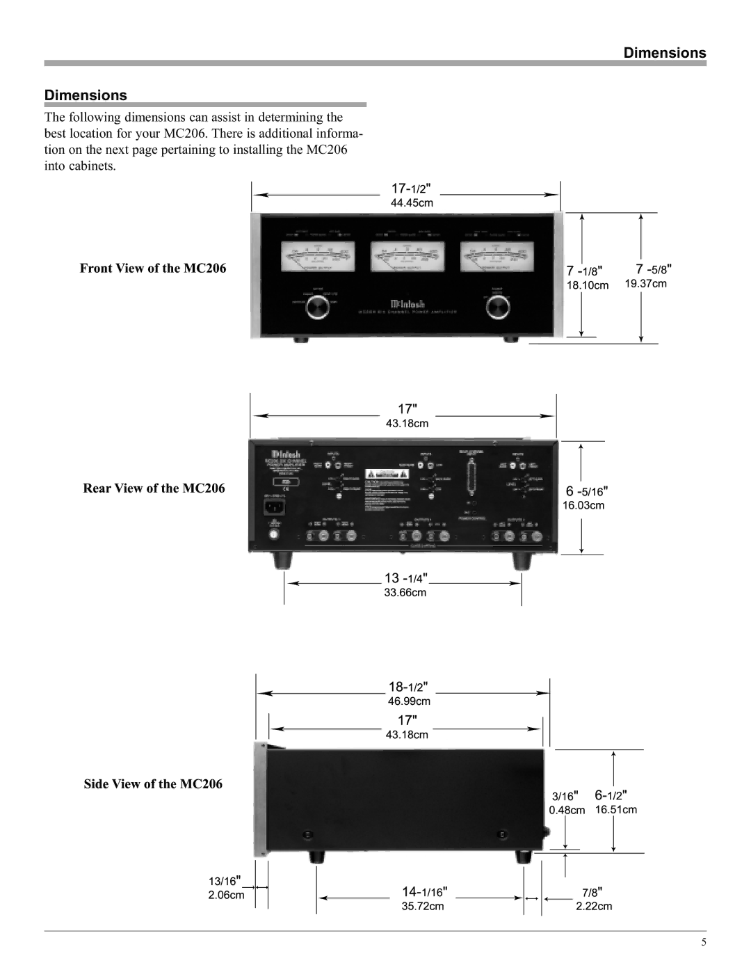 McIntosh MC206 manual Dimensions, 19.37cm, 13-1/4, 48cm7/816.51cm, 35.72cm 