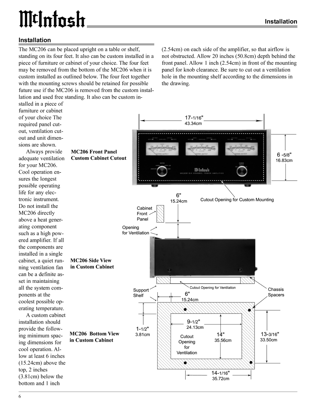 McIntosh MC206 manual Installation 