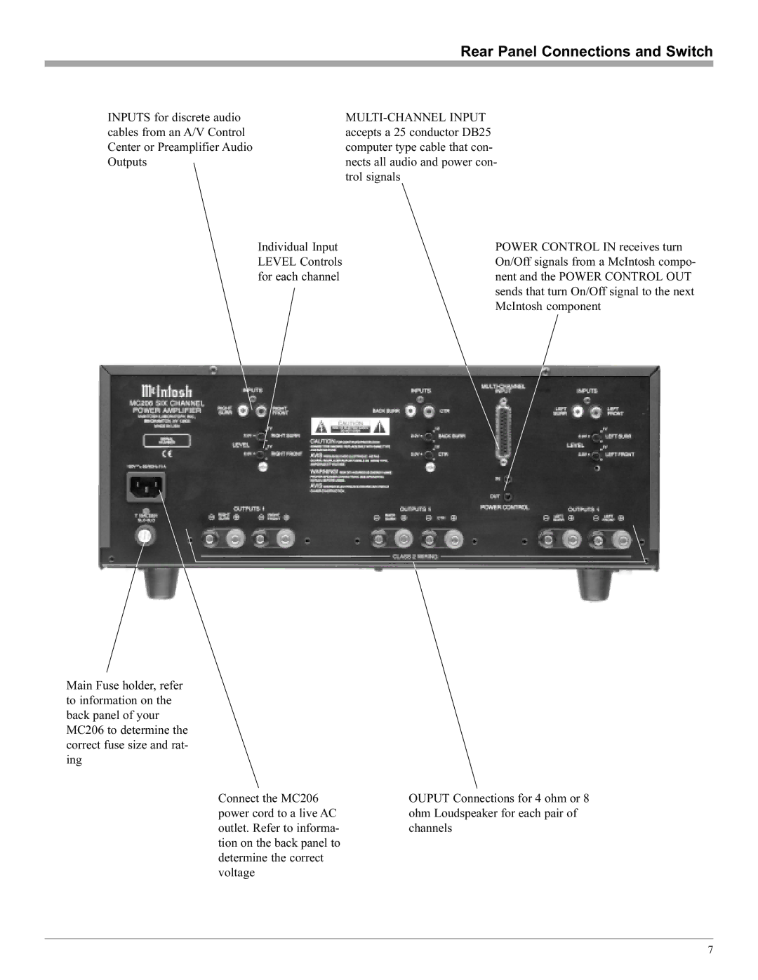 McIntosh MC206 manual Rear Panel Connections and Switch 