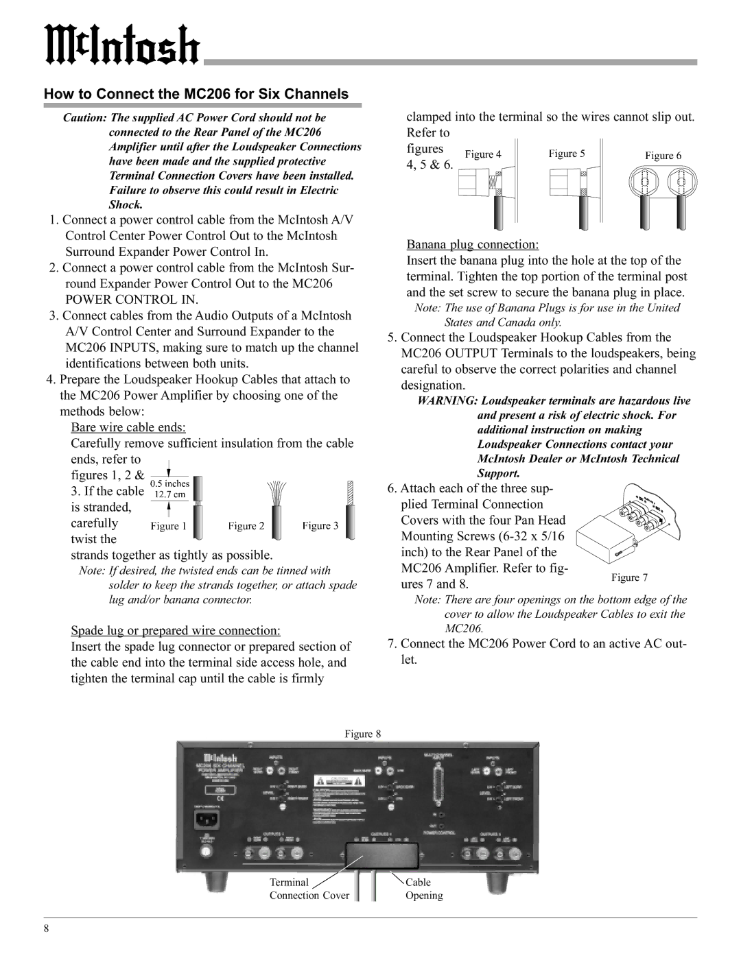 McIntosh manual How to Connect the MC206 for Six Channels, Figures 4, 5 Banana plug connection 