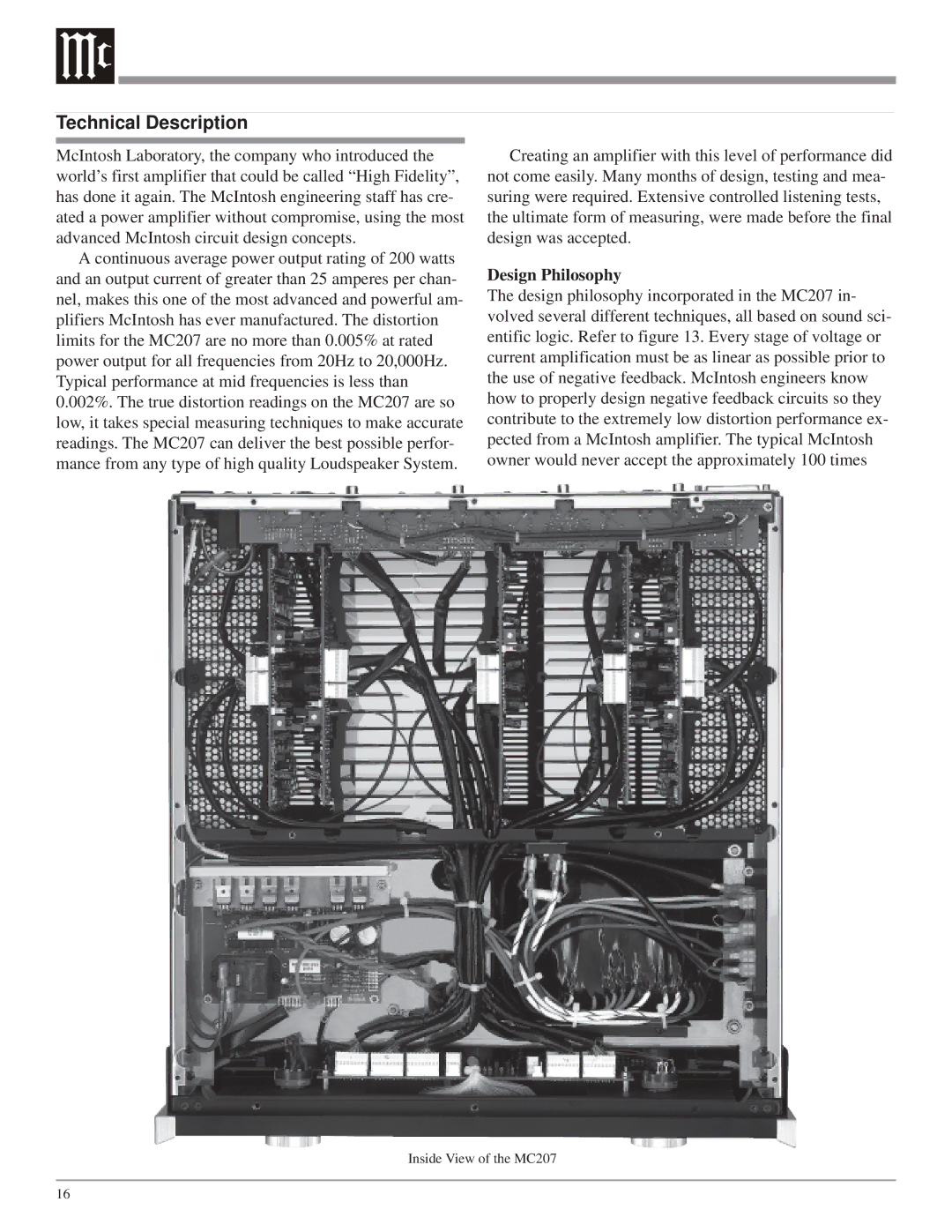 McIntosh MC207 owner manual Technical Description, Design Philosophy 