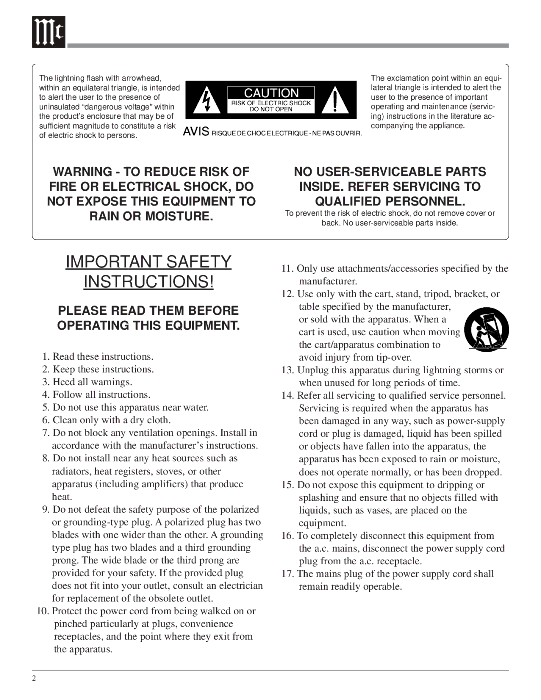 McIntosh MC207 owner manual Important Safety Instructions 