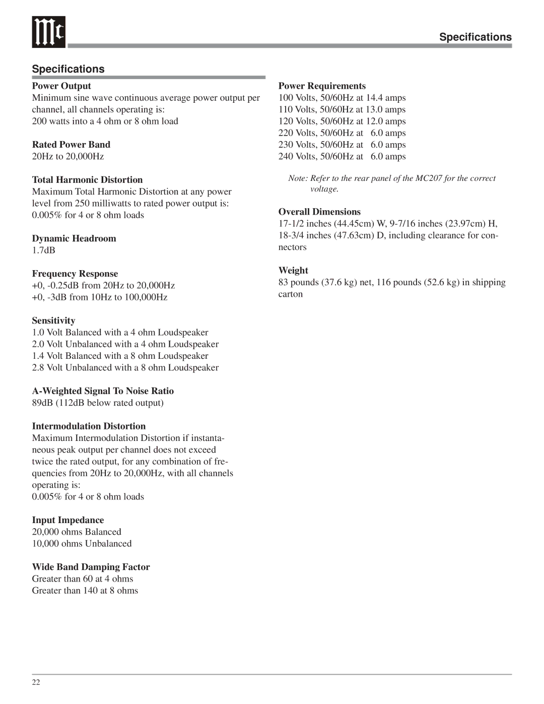 McIntosh MC207 owner manual Specifications 