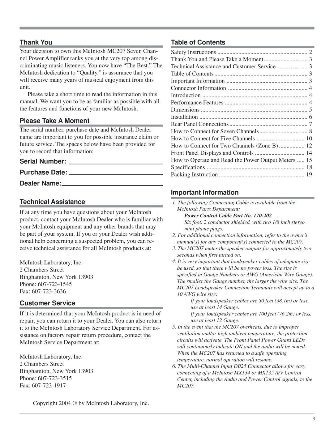 McIntosh MC207 owner manual Thank You, Please Take a Moment, Customer Service, Table of Contents, Important Information 