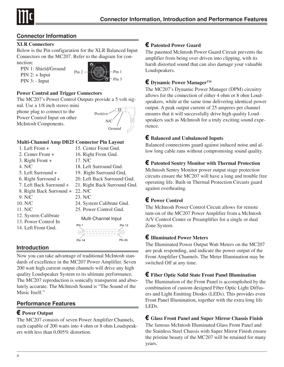 McIntosh MC207 owner manual Introduction, Performance Features 