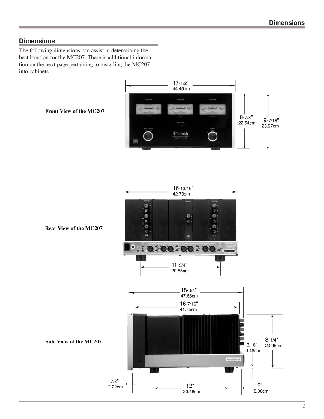 McIntosh MC207 owner manual Dimensions 