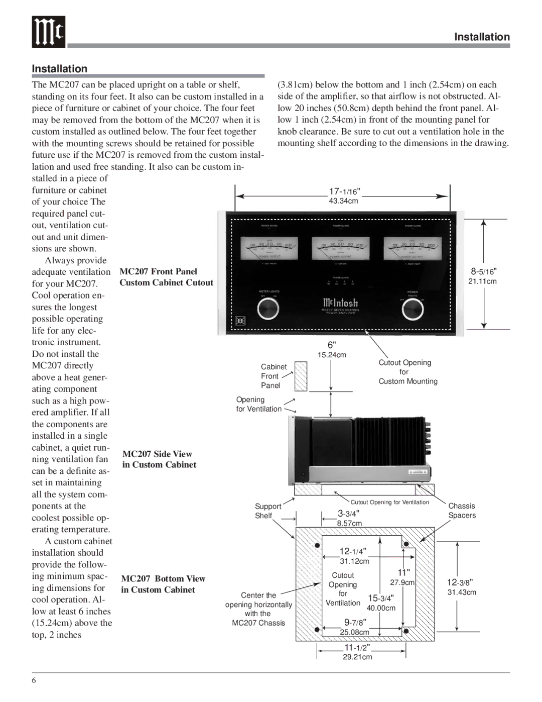 McIntosh MC207 owner manual Installation 