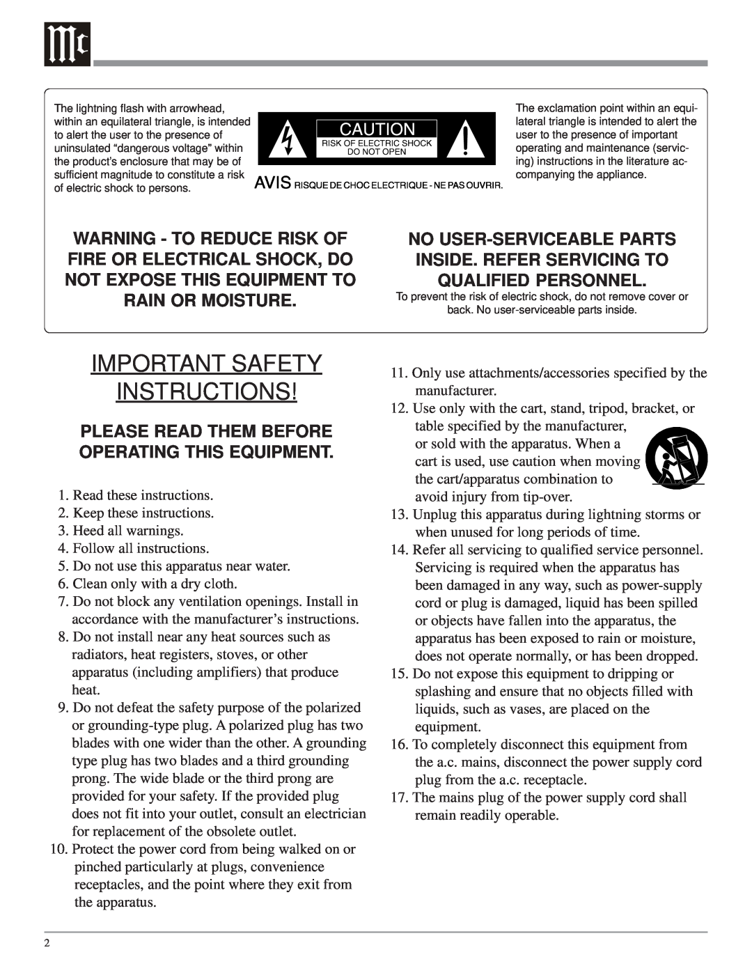 McIntosh MC207 owner manual Important Safety Instructions, Please Read Them Before Operating This Equipment 