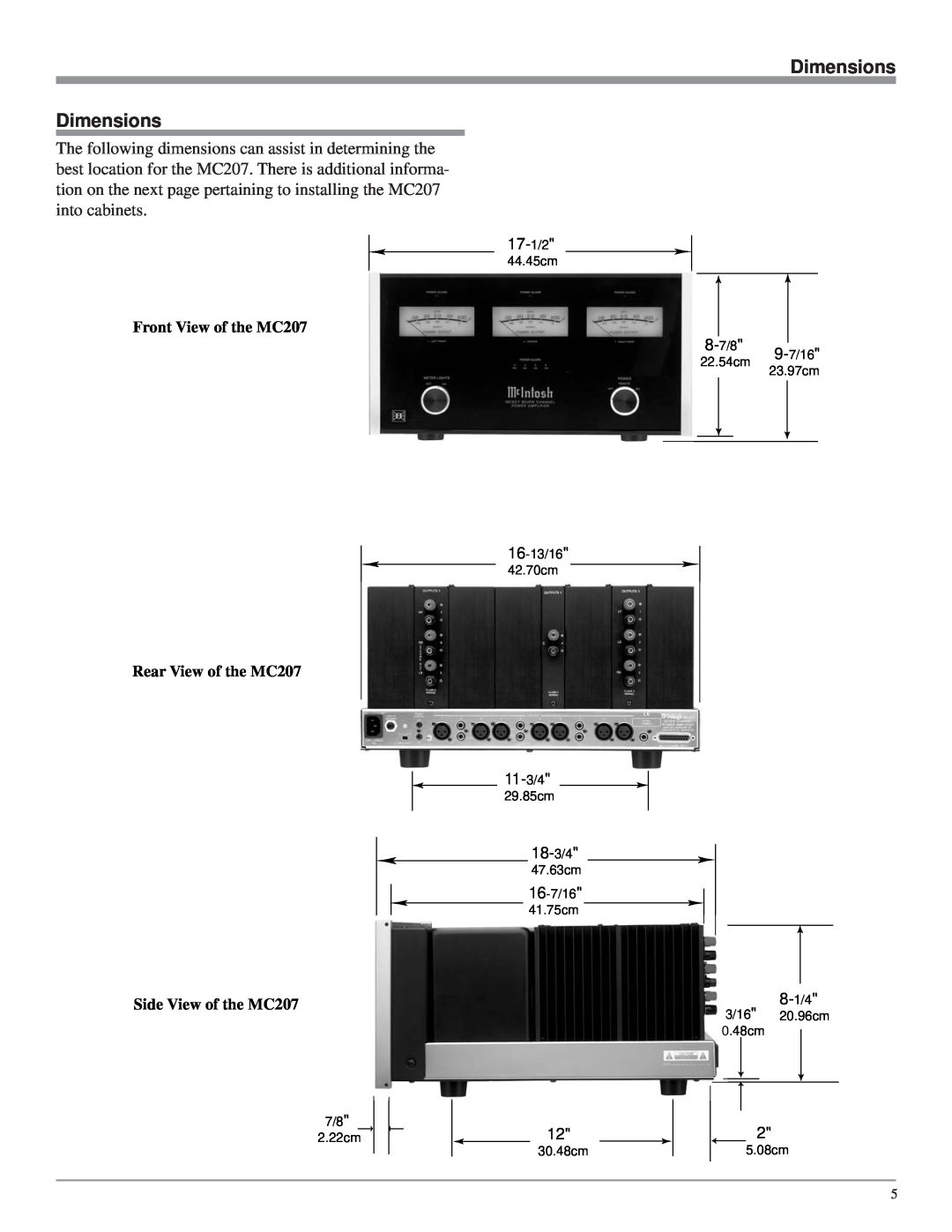 McIntosh Dimensions, 17-1/2, Front View of the MC207, Rear View of the MC207, 11-3/4, 18-3/4, Side View of the MC207 
