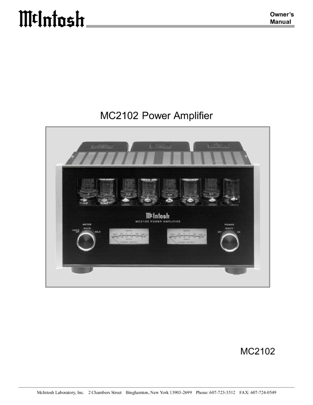 McIntosh manual MC2102 Power Amplifier, Owner’s Manual 