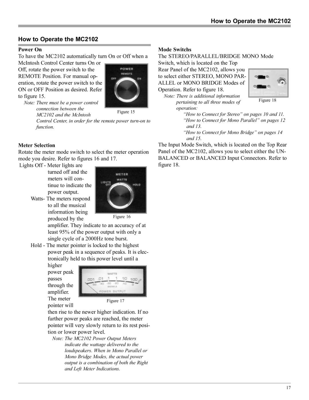 McIntosh manual How to Operate the MC2102, Power On, Meter Selection, Mode Switchs 