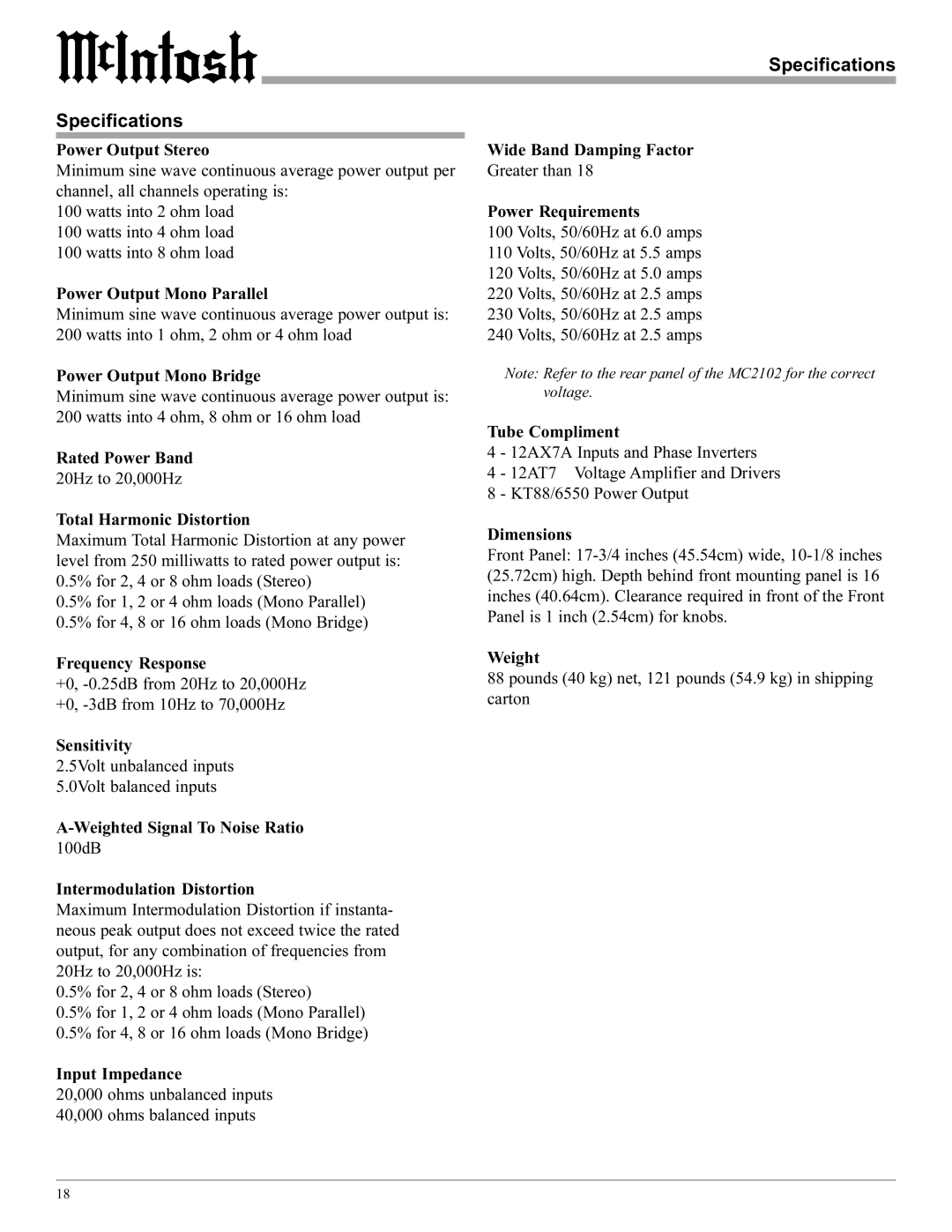 McIntosh MC2102 manual Specifications 