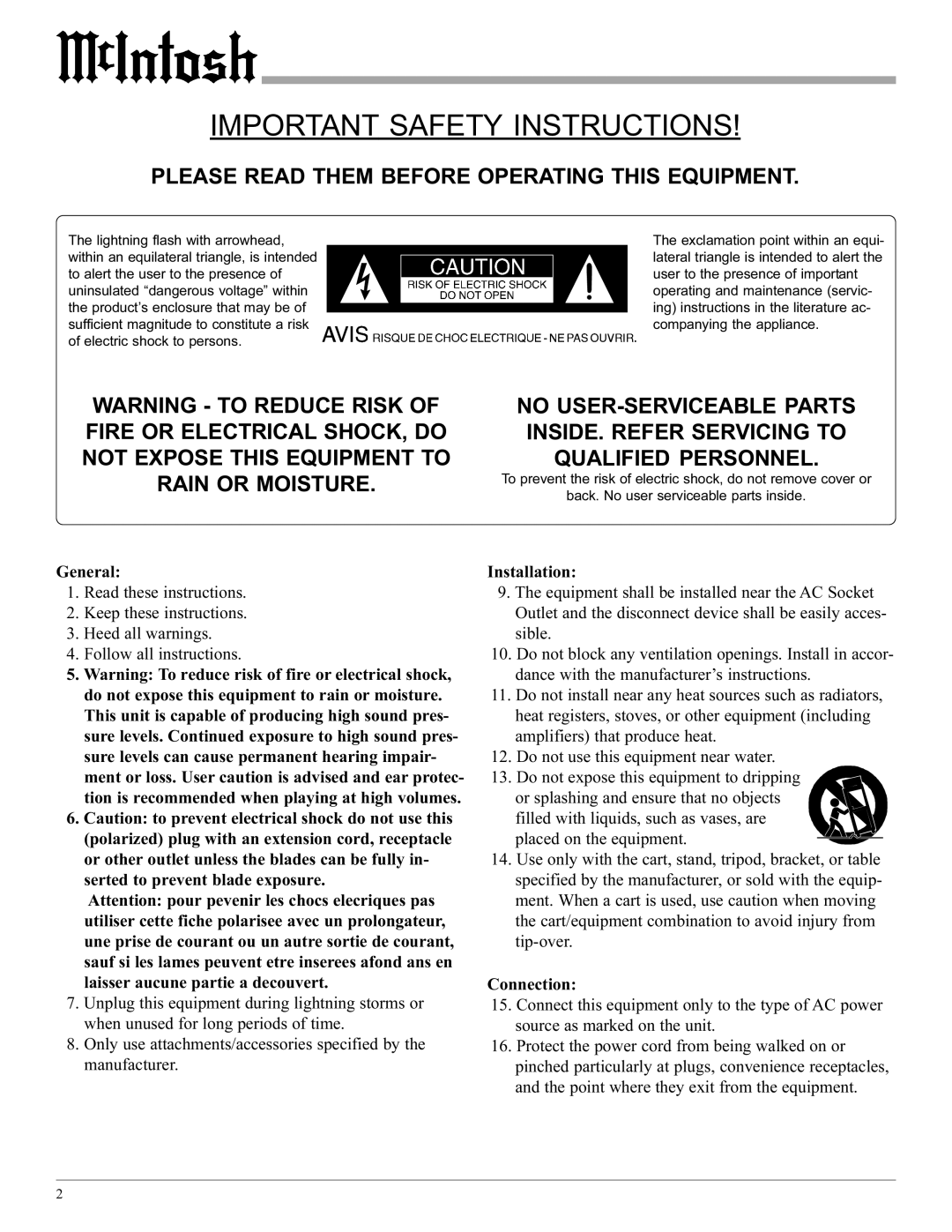 McIntosh MC2102 manual General, Installation, Connection 