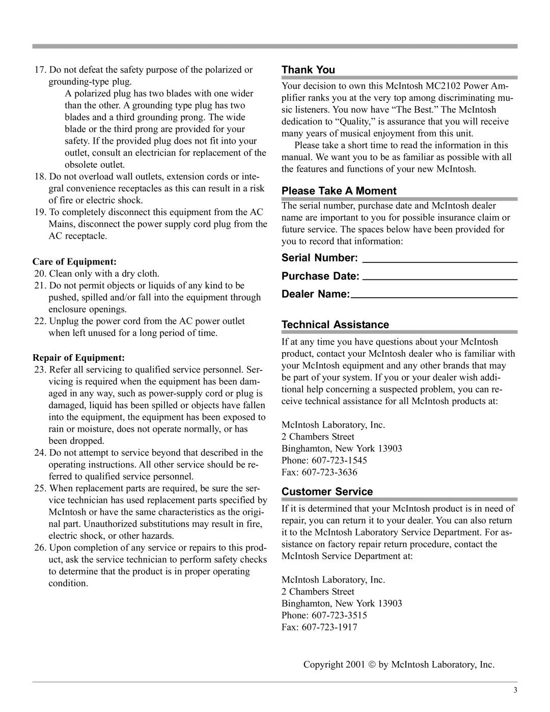 McIntosh MC2102 manual Thank You, Please Take a Moment, Customer Service, Care of Equipment, Repair of Equipment 