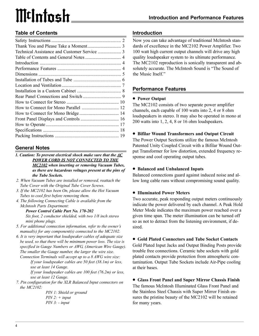 McIntosh MC2102 manual Introduction and Performance Features Table of Contents, General Notes 