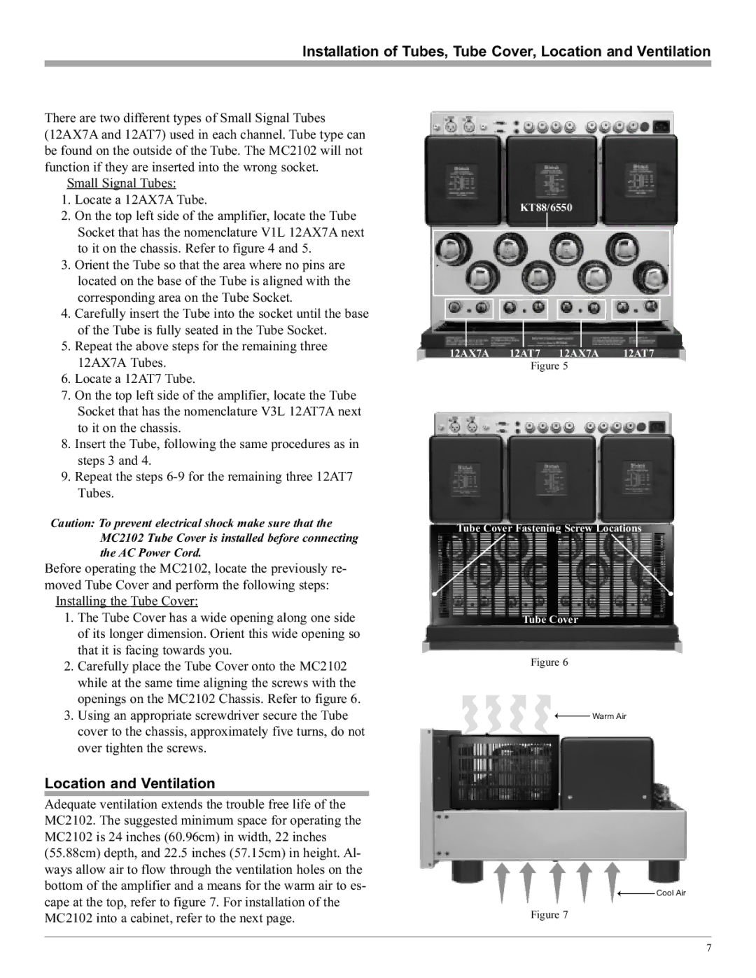 McIntosh MC2102 manual Installation of Tubes, Tube Cover, Location and Ventilation 