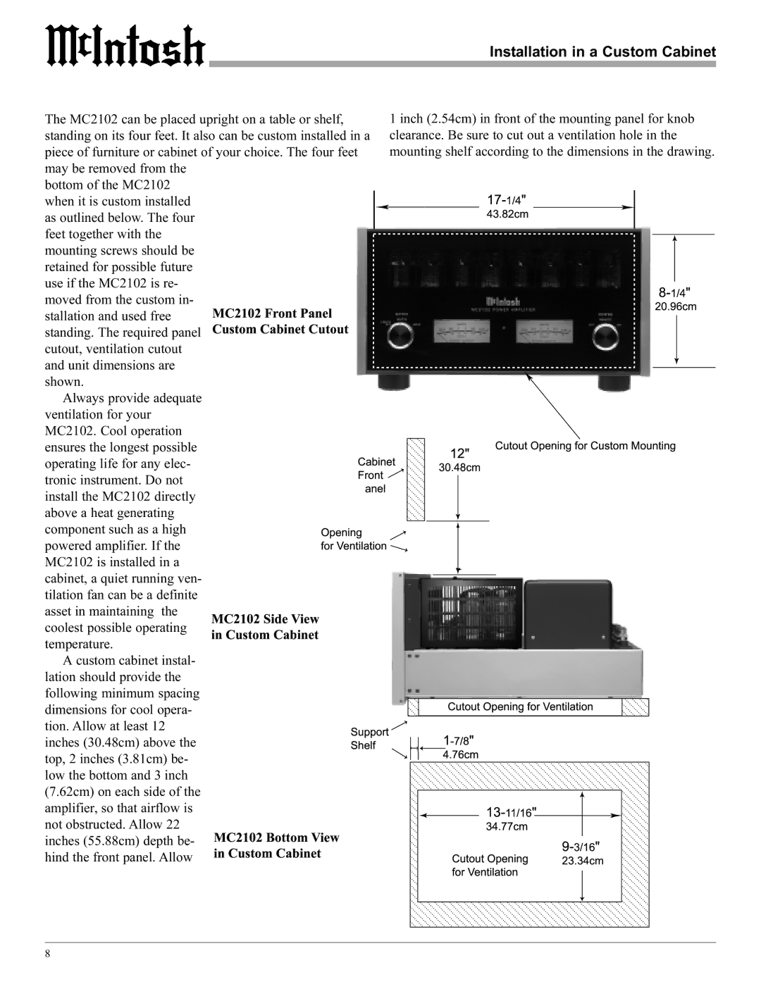 McIntosh manual MC2102FrontPanel, Installation in a Custom Cabinet 