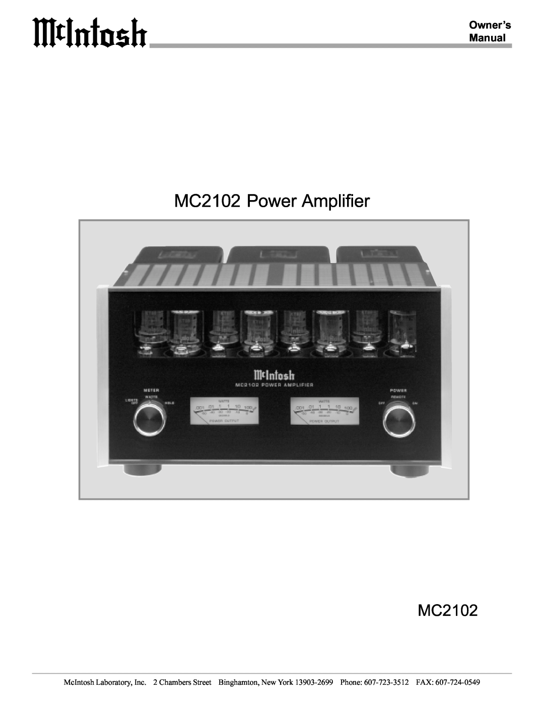 McIntosh manual MC2102 Power Amplifier 