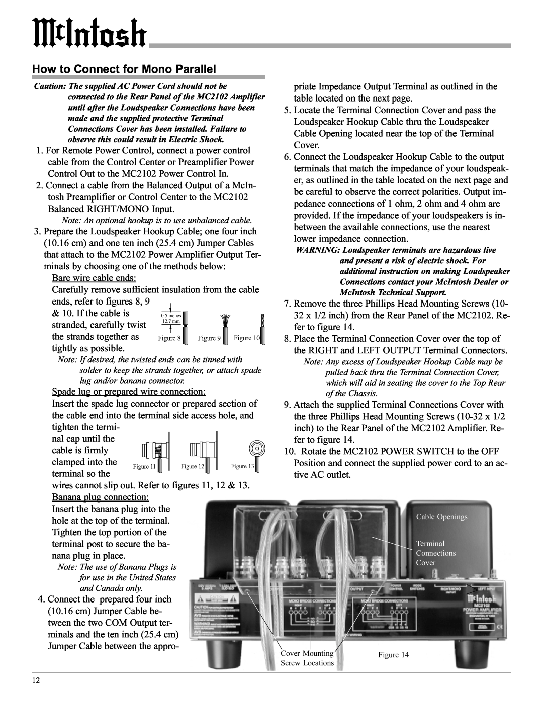 McIntosh MC2102 manual How to Connect for Mono Parallel 