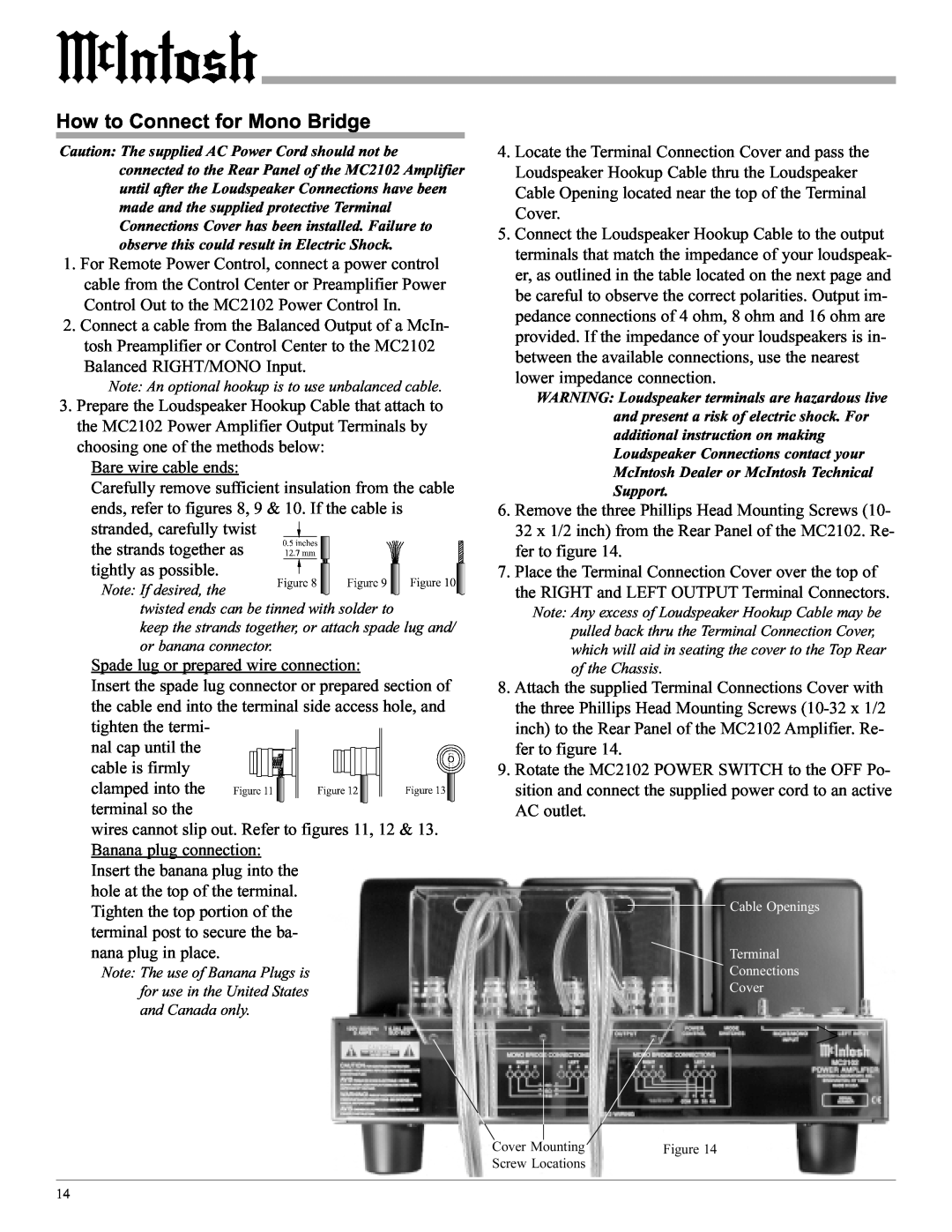 McIntosh MC2102 manual How to Connect for Mono Bridge 