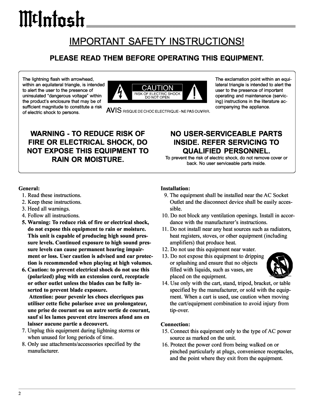 McIntosh MC2102 manual Important Safety Instructions, Please Read Them Before Operating This Equipment 