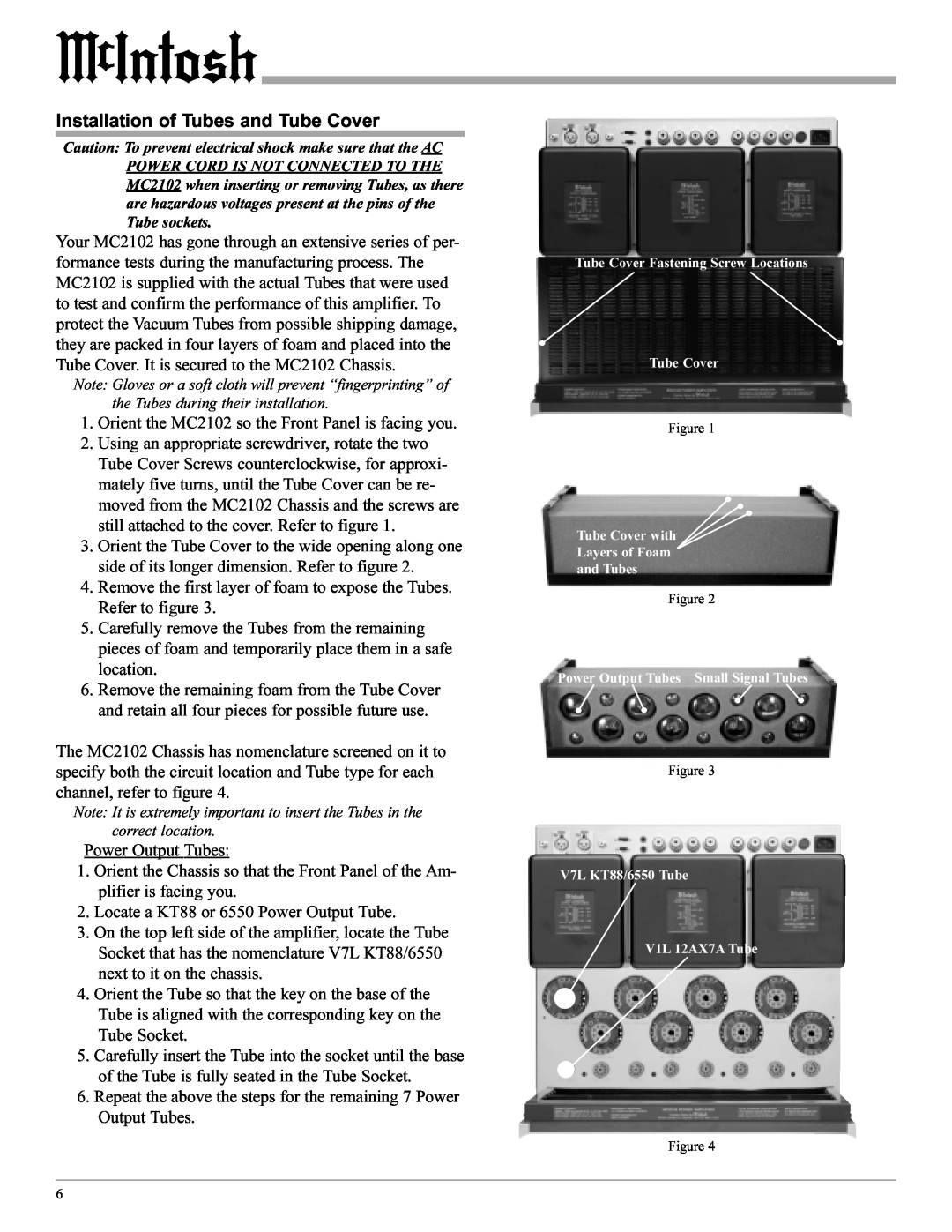 McIntosh MC2102 manual Installation of Tubes and Tube Cover 