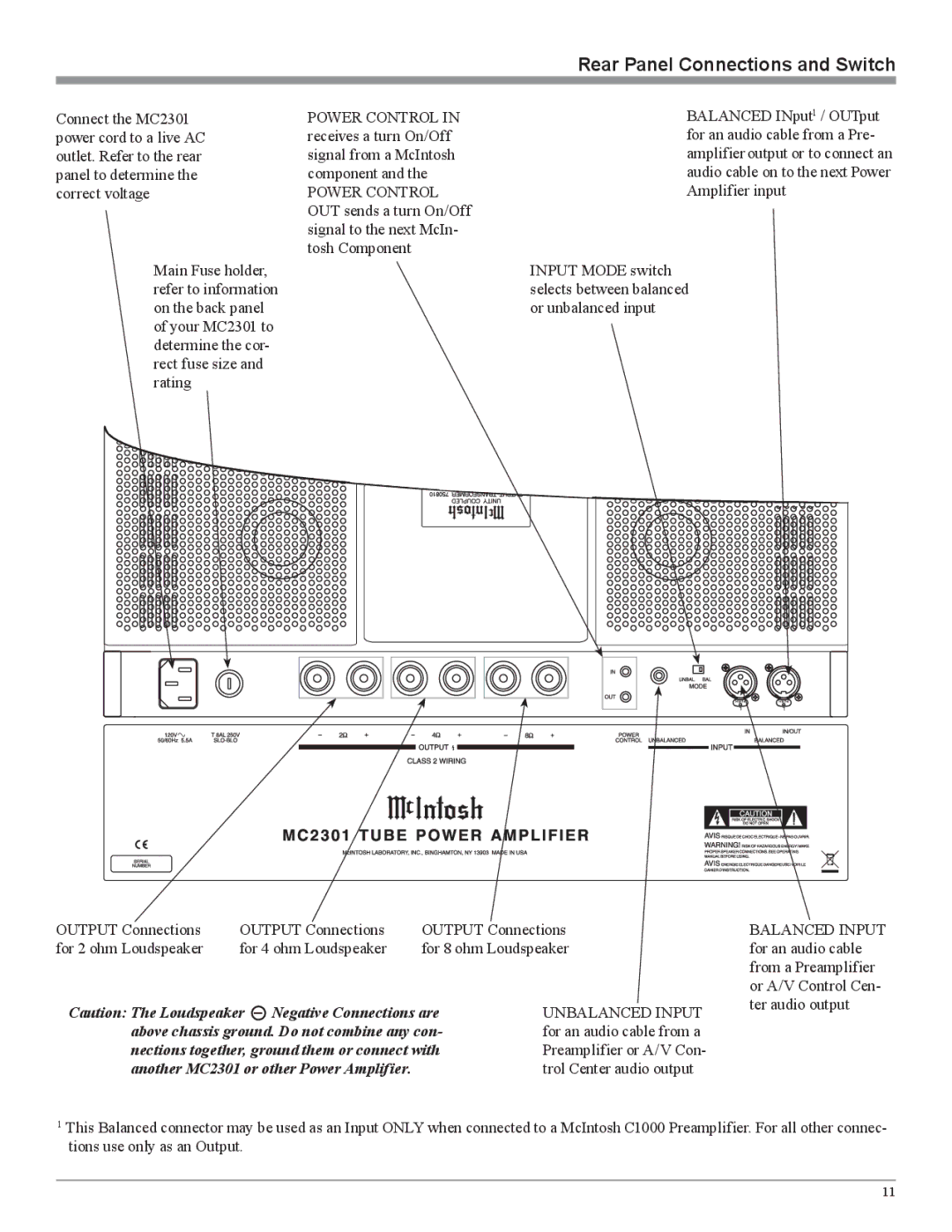 McIntosh owner manual Rear Panel Connections and Switch, Another MC2301 or other Power Amplifier 