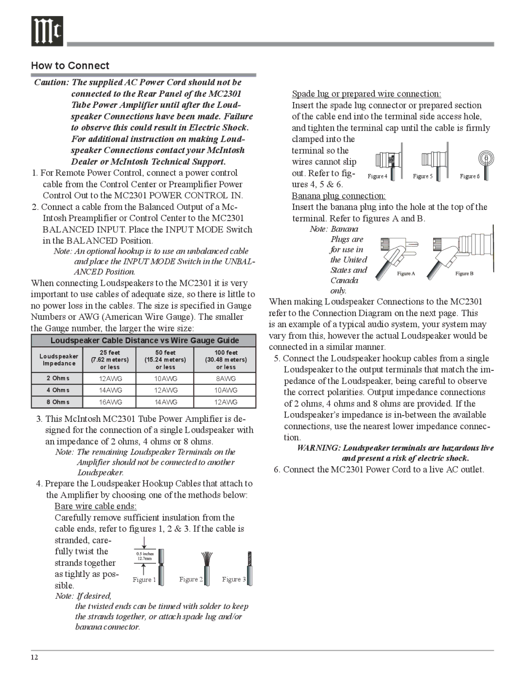 McIntosh MC2301 owner manual How to Connect, Loudspeaker Cable Distance vs Wire Gauge Guide 