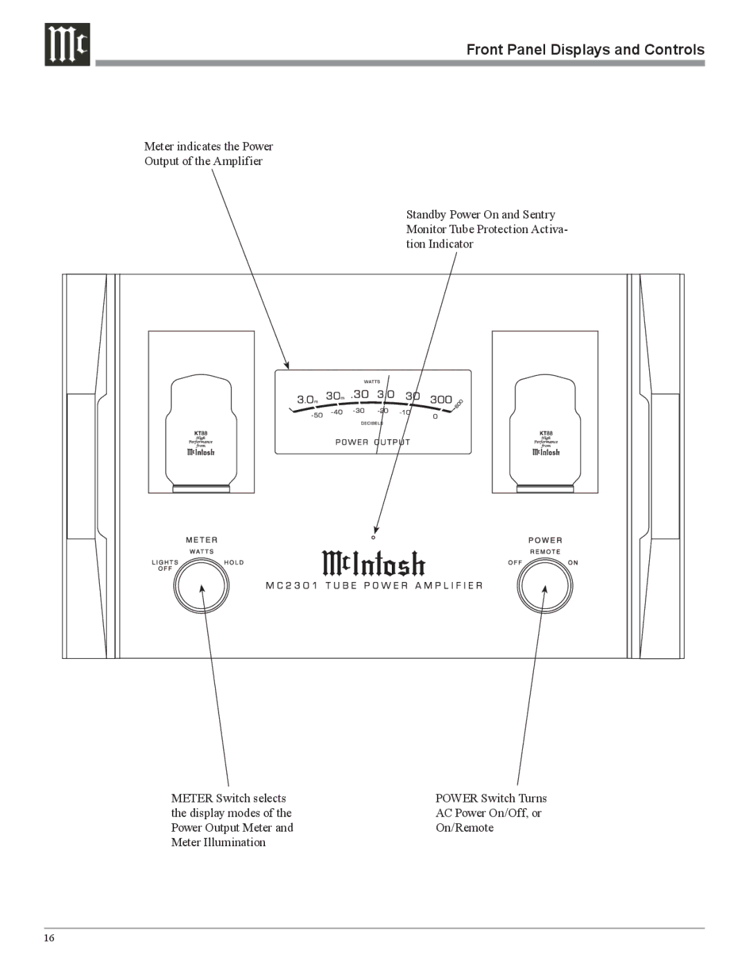 McIntosh MC2301 owner manual Front Panel Displays and Controls 