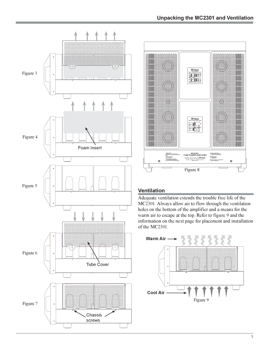 McIntosh owner manual Unpacking the MC2301 and Ventilation 