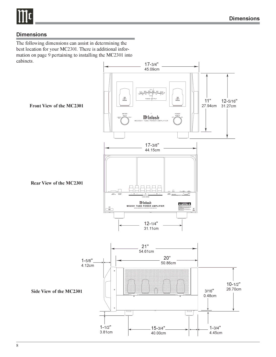 McIntosh MC2301 owner manual Dimensions 