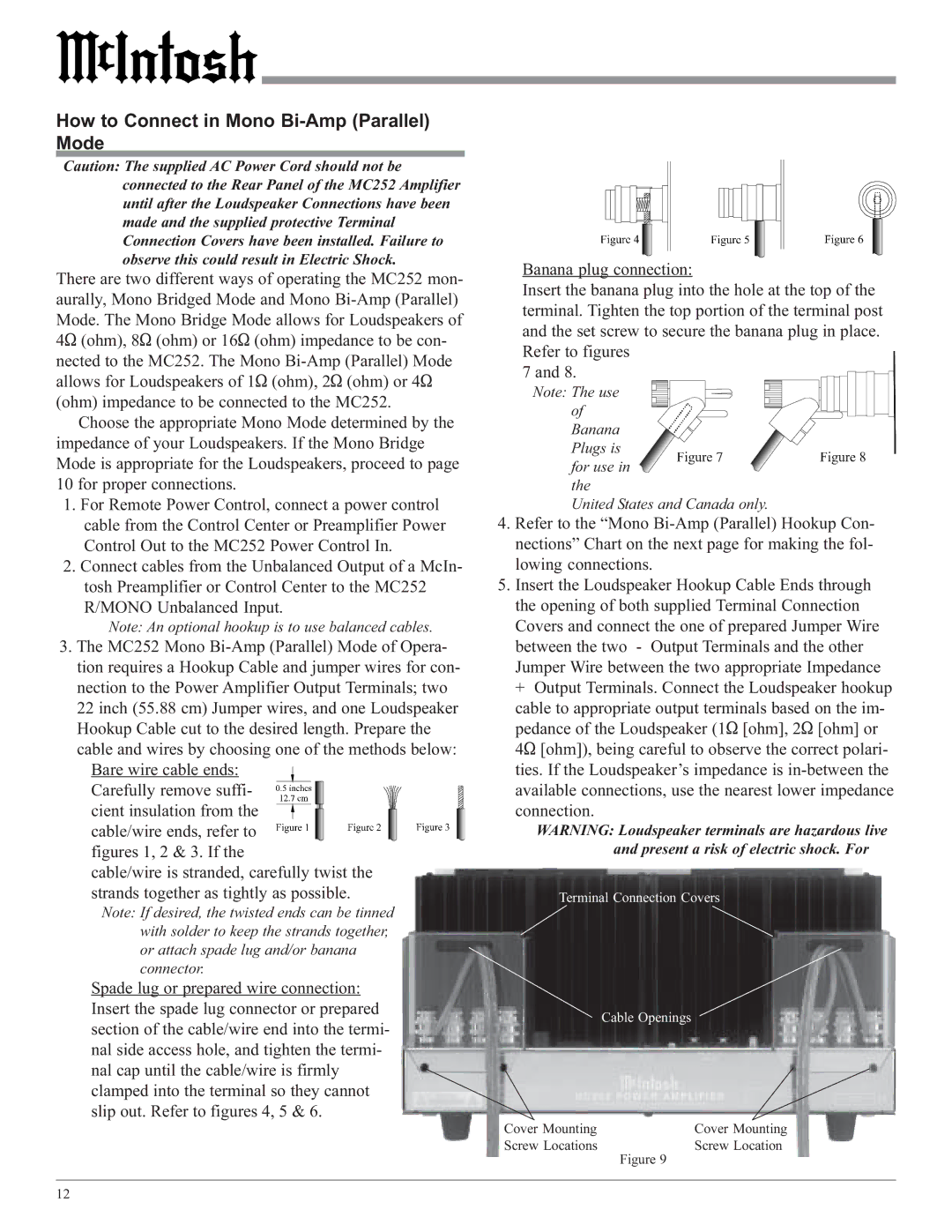 McIntosh MC252 owner manual How to Connect in Mono Bi-Amp Parallel Mode 