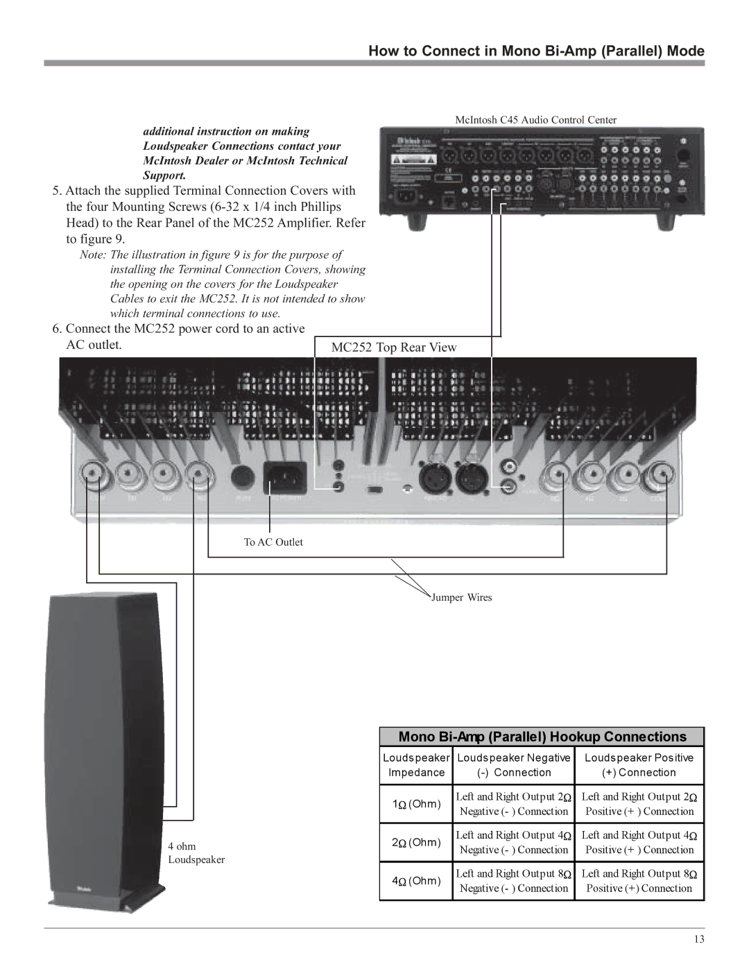 McIntosh MC252 owner manual Mono Bi-Amp Parallel Hookup Connections 