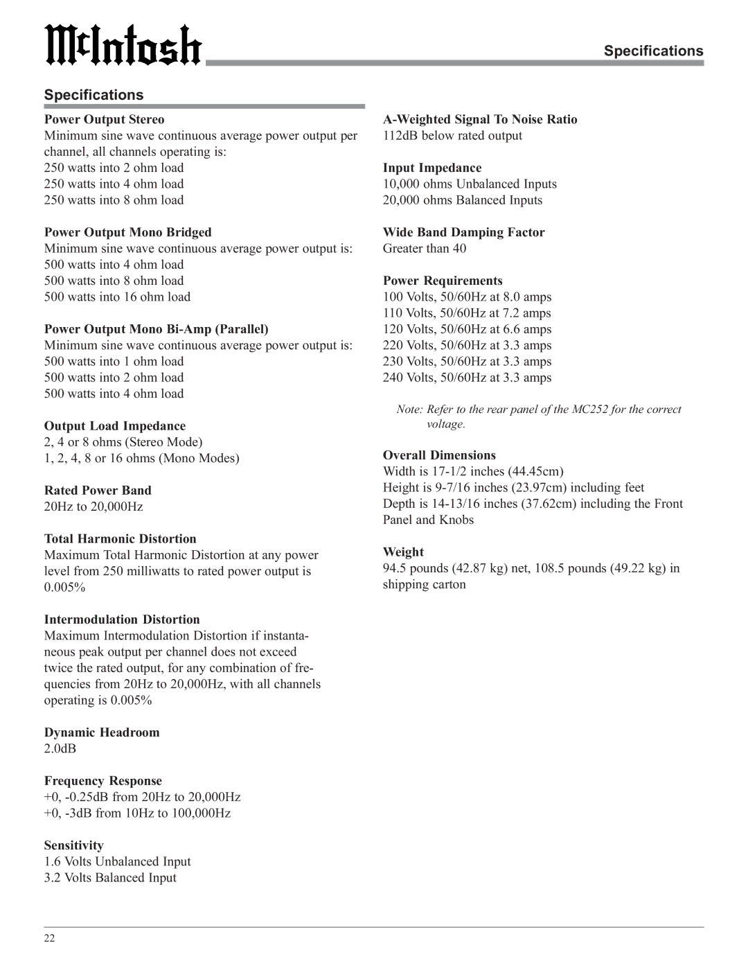 McIntosh MC252 owner manual Specifications 