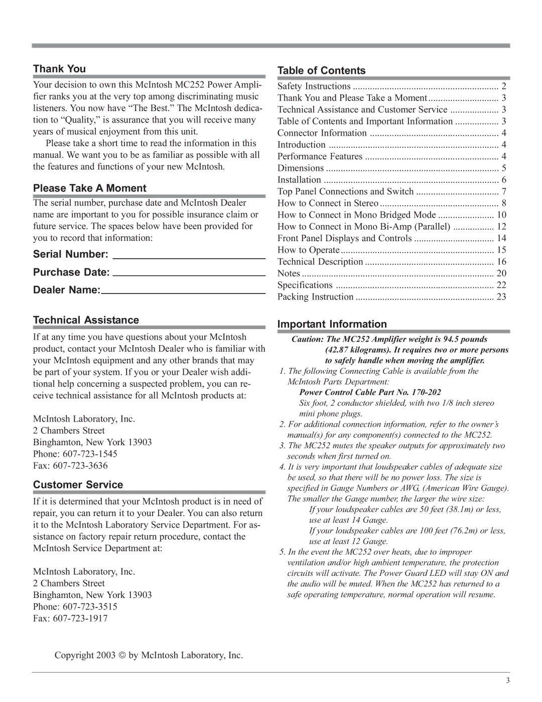 McIntosh MC252 owner manual Thank You, Please Take a Moment, Customer Service, Table of Contents, Important Information 