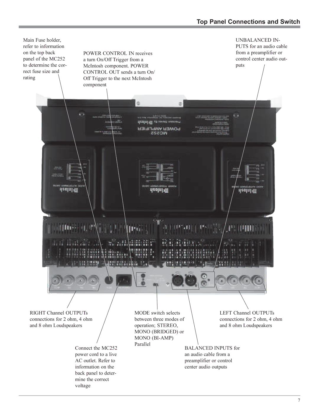 McIntosh MC252 owner manual Top Panel Connections and Switch, Mono BI-AMP 