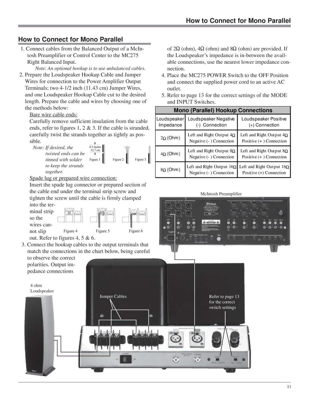 McIntosh MC275 owner manual How to Connect for Mono Parallel 