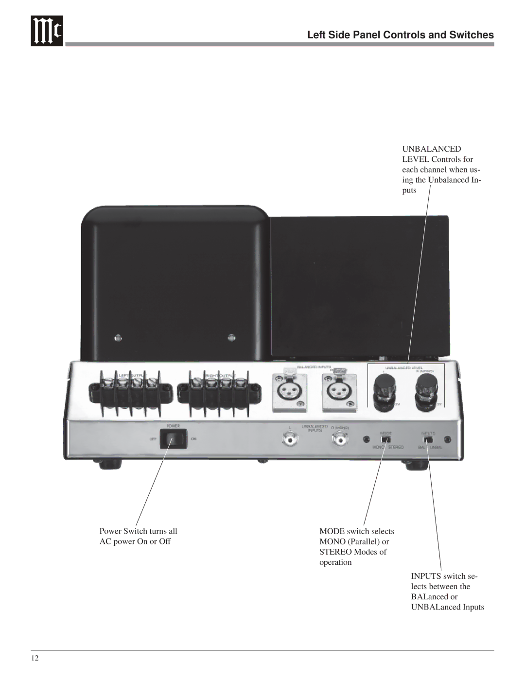 McIntosh MC275 owner manual Left Side Panel Controls and Switches 